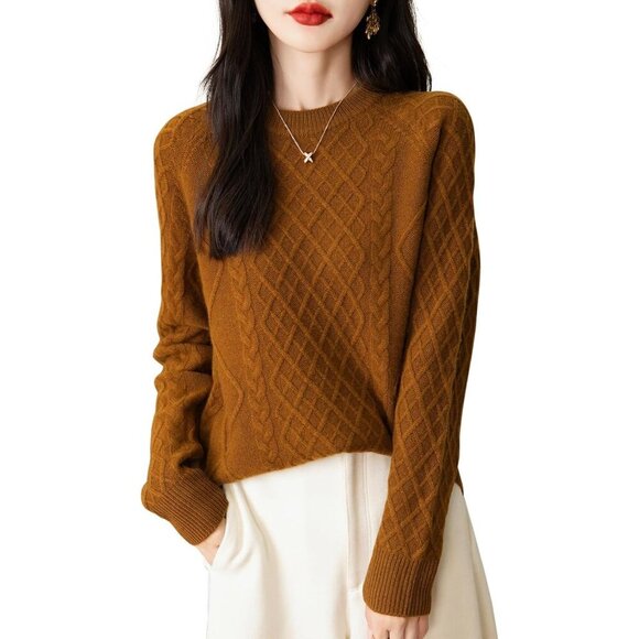 Women's Merino Wool Sweater Large Crew Neck Cable Knit Warm Autumn Winter